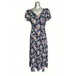 Vintage 90s Floral Dress Women 9/10 Medium Whimsy Cottage Boho Midi Sundress USA